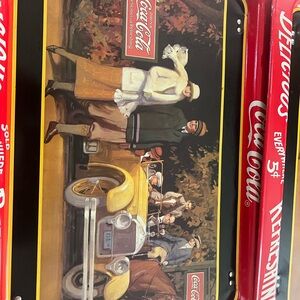 Coca Cola Red and Yellow Retro Metal Serving Tray with Vintage Car Scene